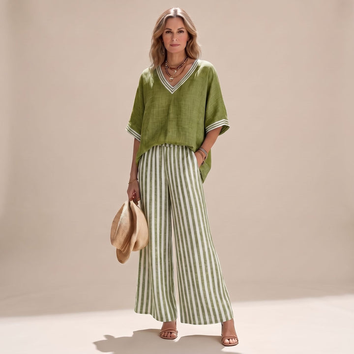 Dames Linnen Tweedelige Set V-Hals Oversized Top Wijdbeense Broek - Groen