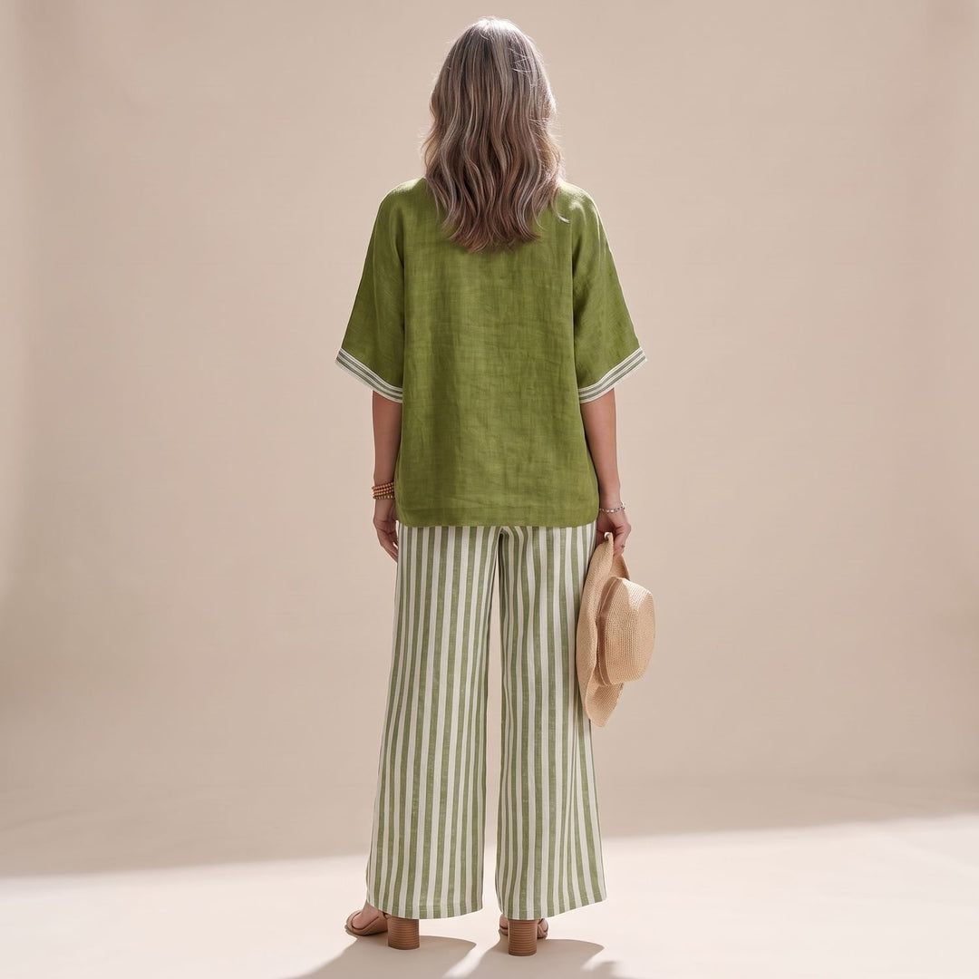 Dames Linnen Tweedelige Set V-Hals Oversized Top Wijdbeense Broek