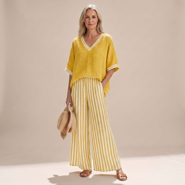 Dames Linnen Tweedelige Set V-Hals Oversized Top Wijdbeense Broek - Geel