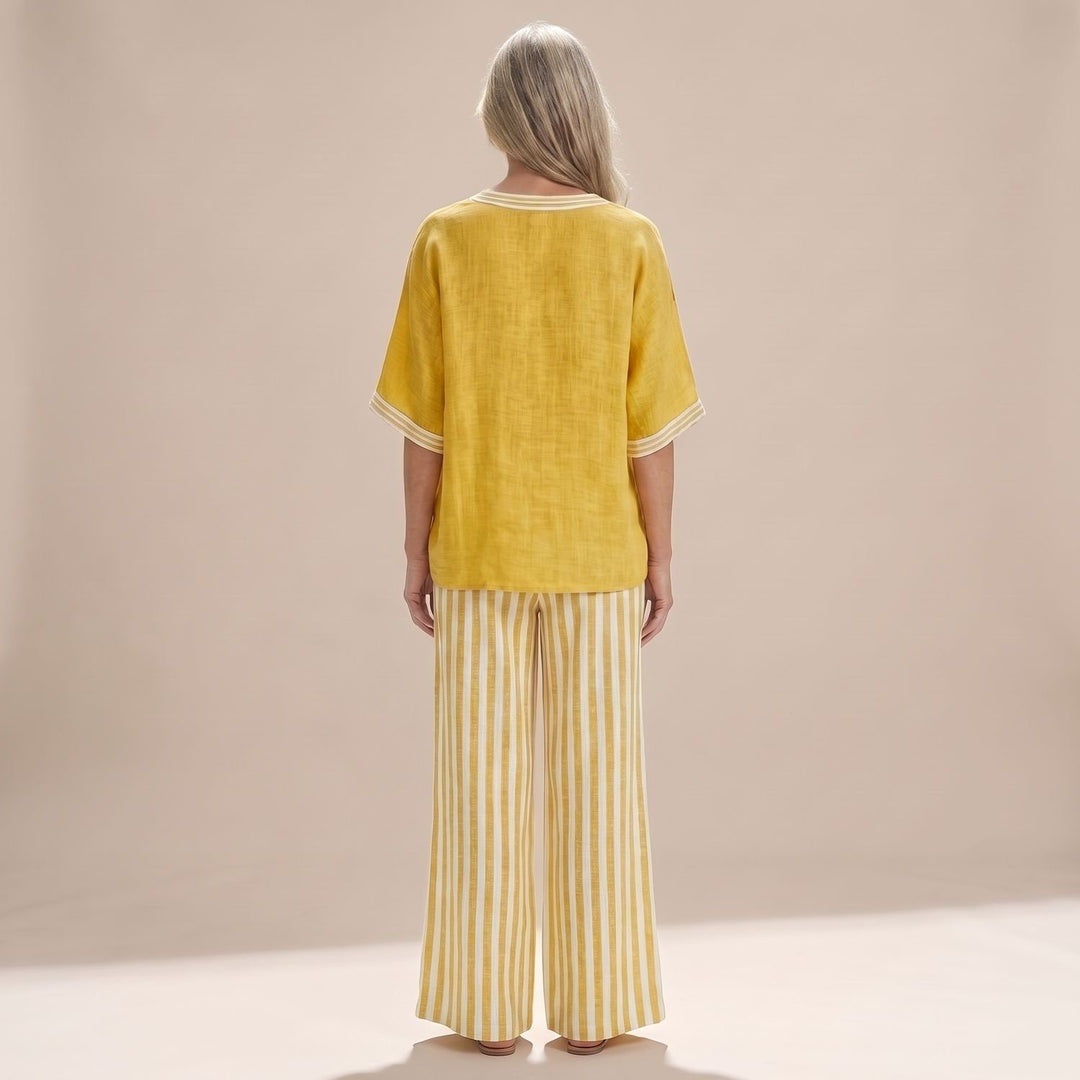 Dames Linnen Tweedelige Set V-Hals Oversized Top Wijdbeense Broek