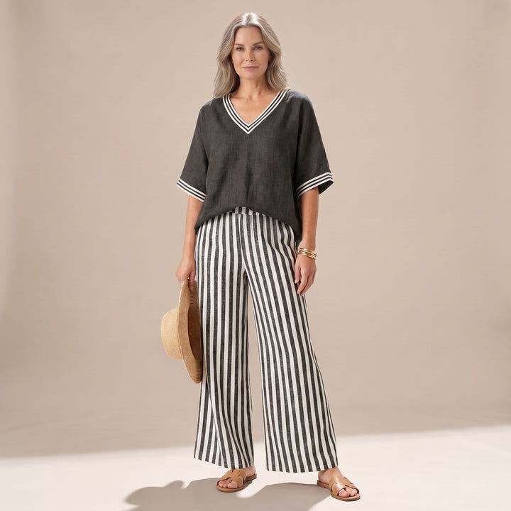 Dames Linnen Tweedelige Set V-Hals Oversized Top Wijdbeense Broek - Zwart