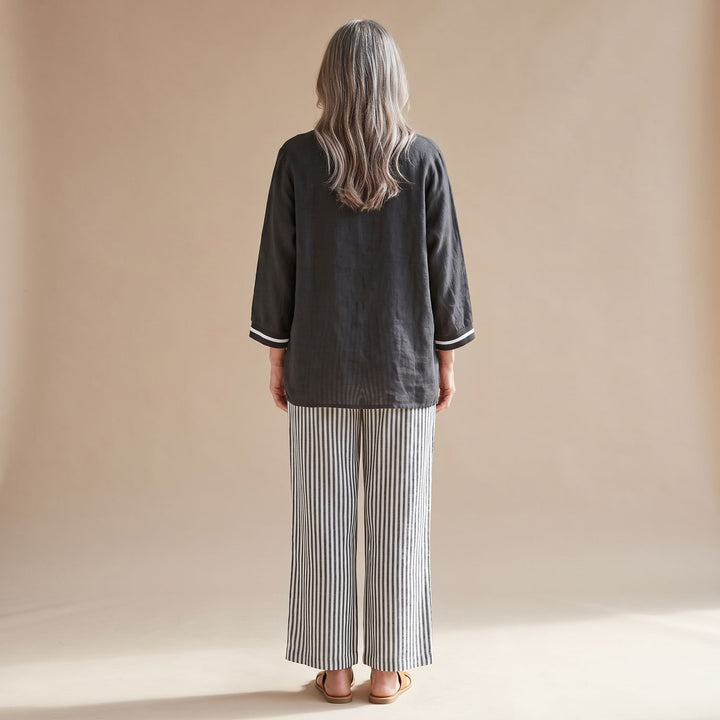 Dames Linnen Tweedelige Set V-Hals Oversized Top Wijdbeense Broek