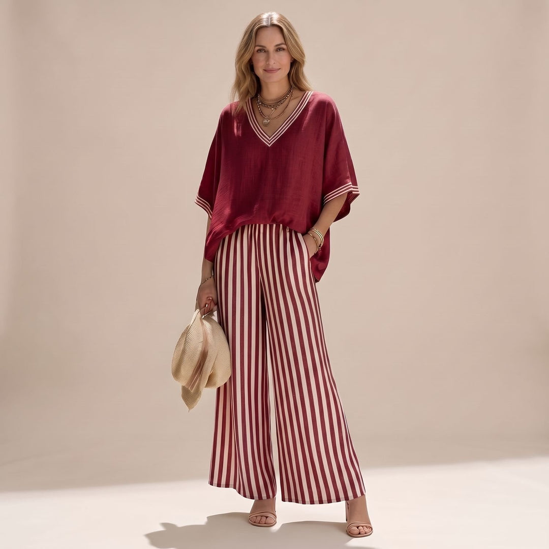 Dames Linnen Tweedelige Set V-Hals Oversized Top Wijdbeense Broek - Rood