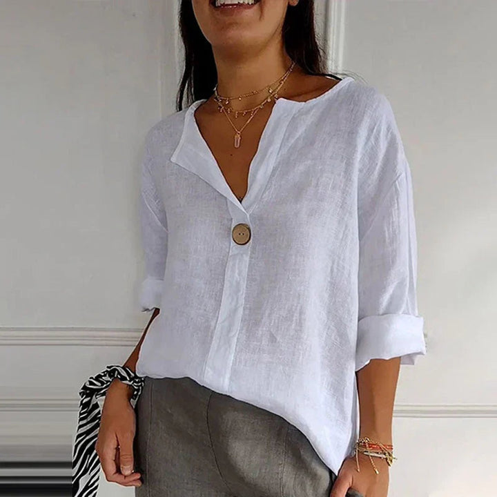 Dames Linnen V-hals Blouse Losse Pasvorm Oprolbare Mouwen - Wit