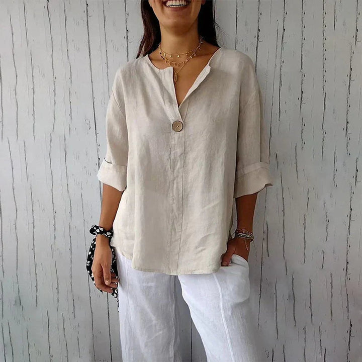 Dames Linnen V-hals Blouse Losse Pasvorm Oprolbare Mouwen
