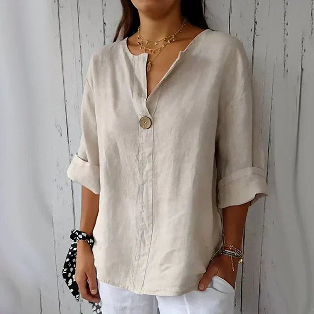 Dames Linnen V-hals Blouse Losse Pasvorm Oprolbare Mouwen - Abrikoos