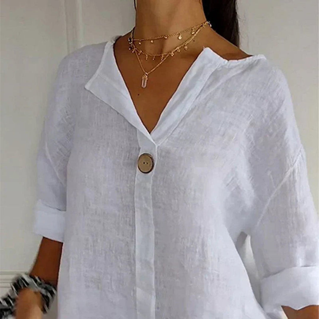 Dames Linnen V-hals Blouse Losse Pasvorm Oprolbare Mouwen
