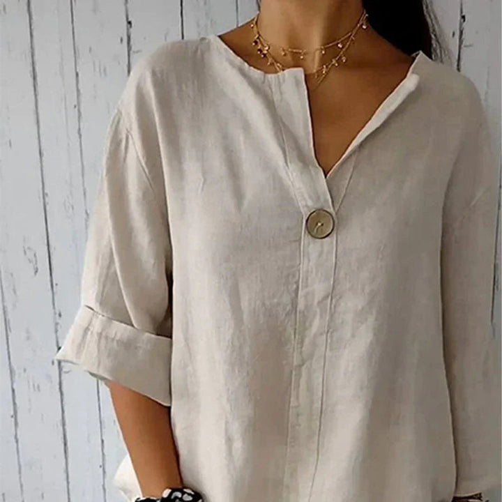 Dames Linnen V-hals Blouse Losse Pasvorm Oprolbare Mouwen