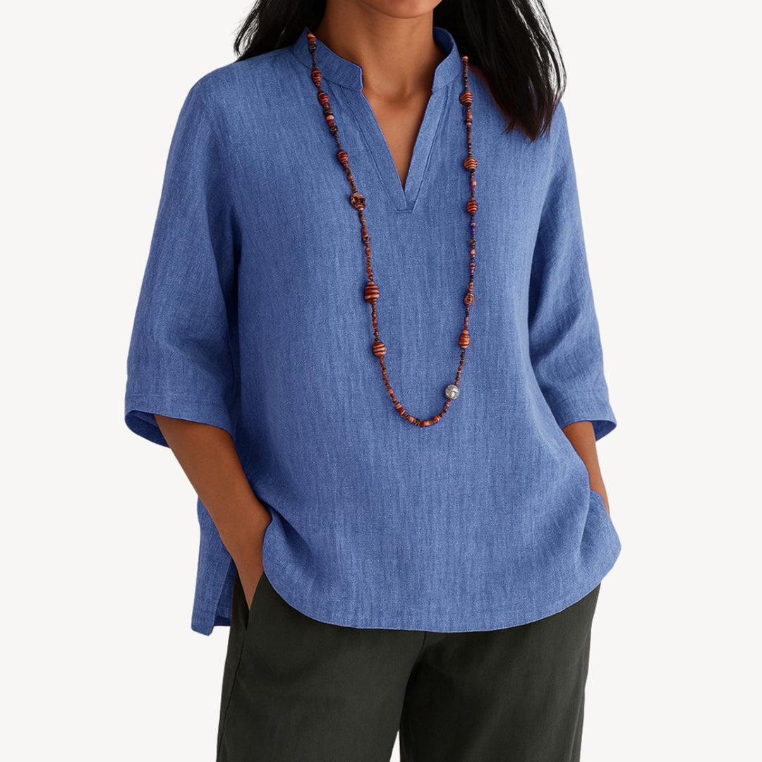 Dames Linnen V-Hals Driekwart Mouw Tuniekblouse - Blue