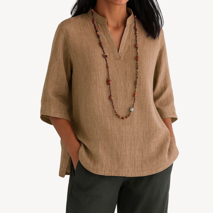 Dames Linnen V-Hals Driekwart Mouw Tuniekblouse - Brown