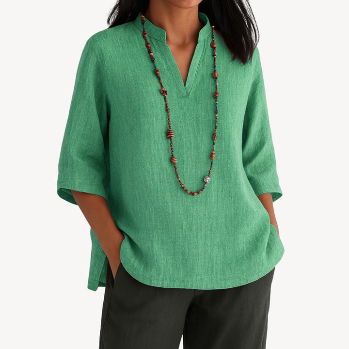 Dames Linnen V-Hals Driekwart Mouw Tuniekblouse - Green