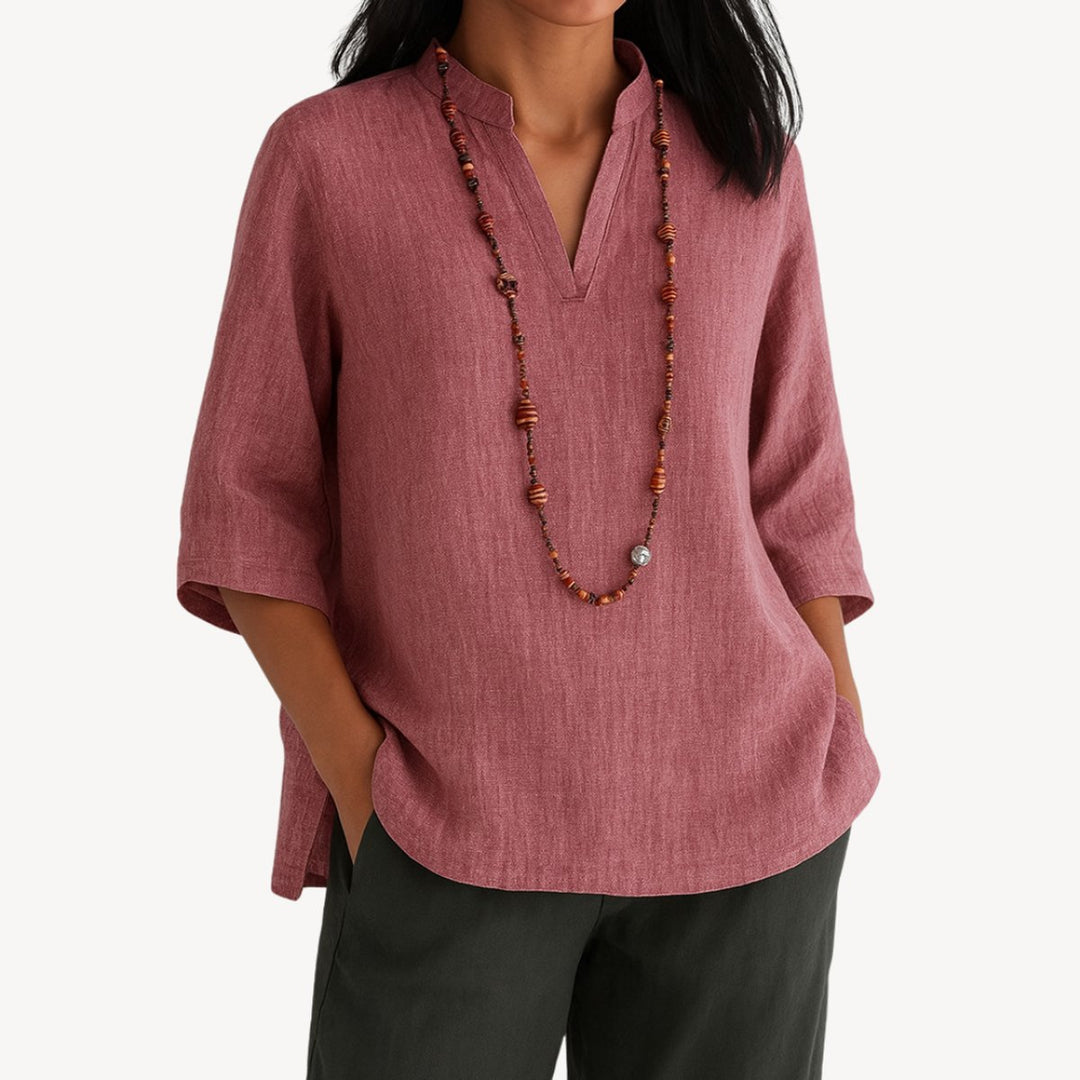 Dames Linnen V-Hals Driekwart Mouw Tuniekblouse - Pink