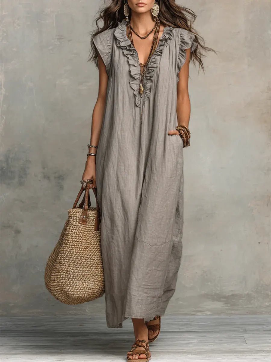 Dames Linnen V-hals Ruffle Maxi-jurk - Gray