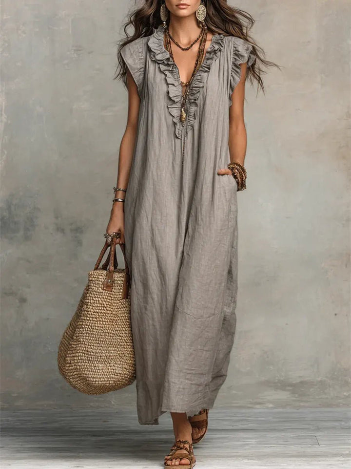 Dames Linnen V-hals Ruffle Maxi-jurk - Gray