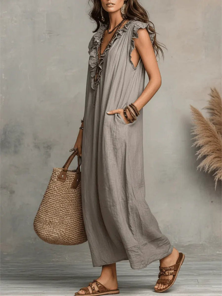 Dames Linnen V-hals Ruffle Maxi-jurk