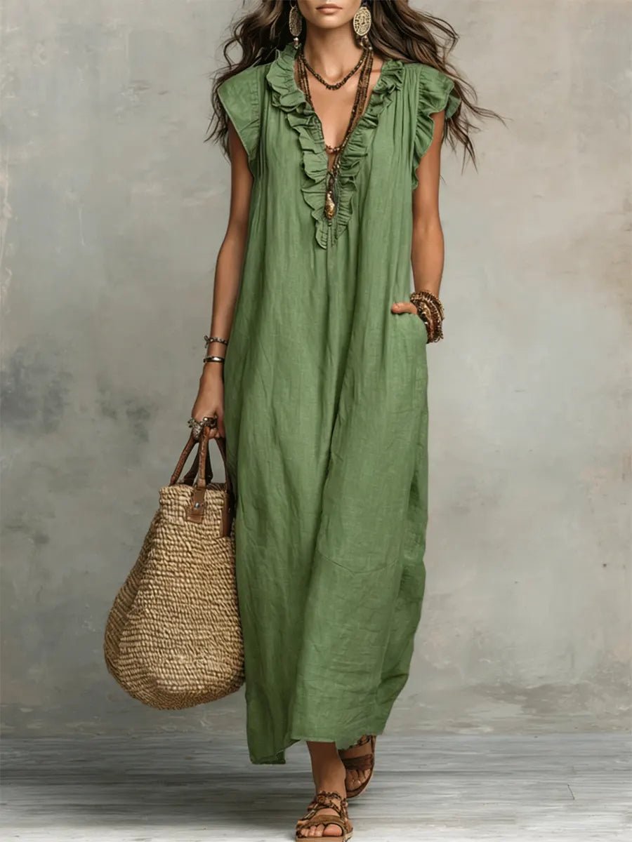 Dames Linnen V-hals Ruffle Maxi-jurk - Green
