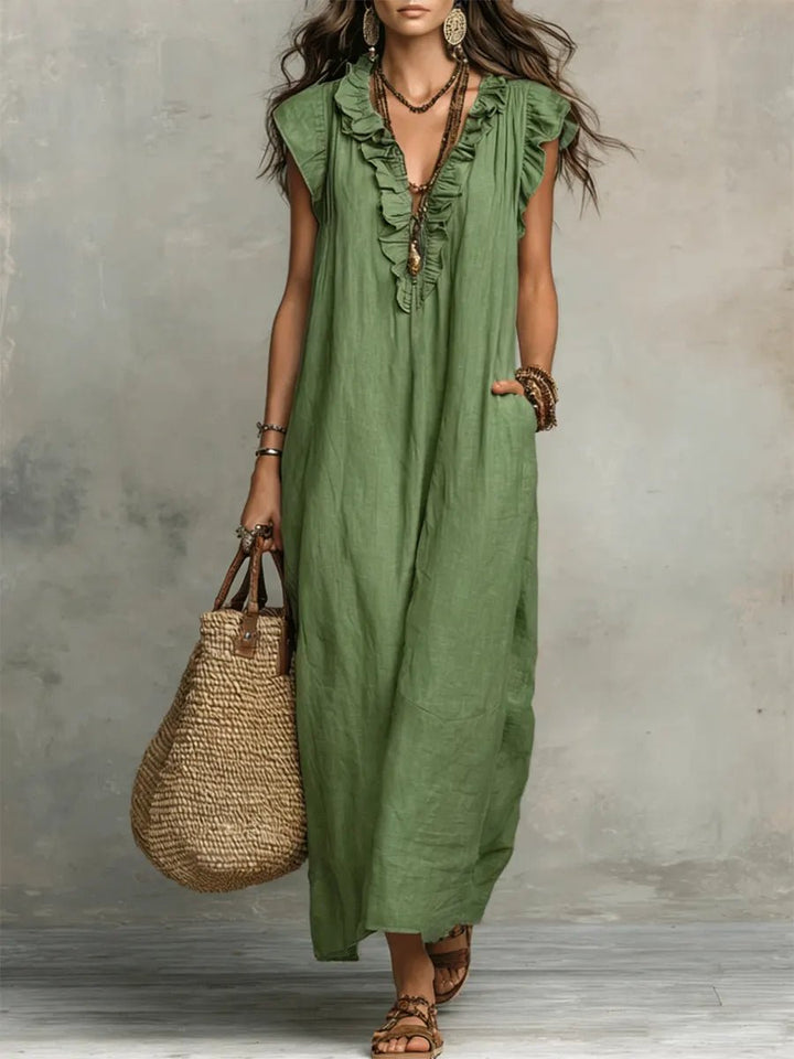 Dames Linnen V-hals Ruffle Maxi-jurk - Green