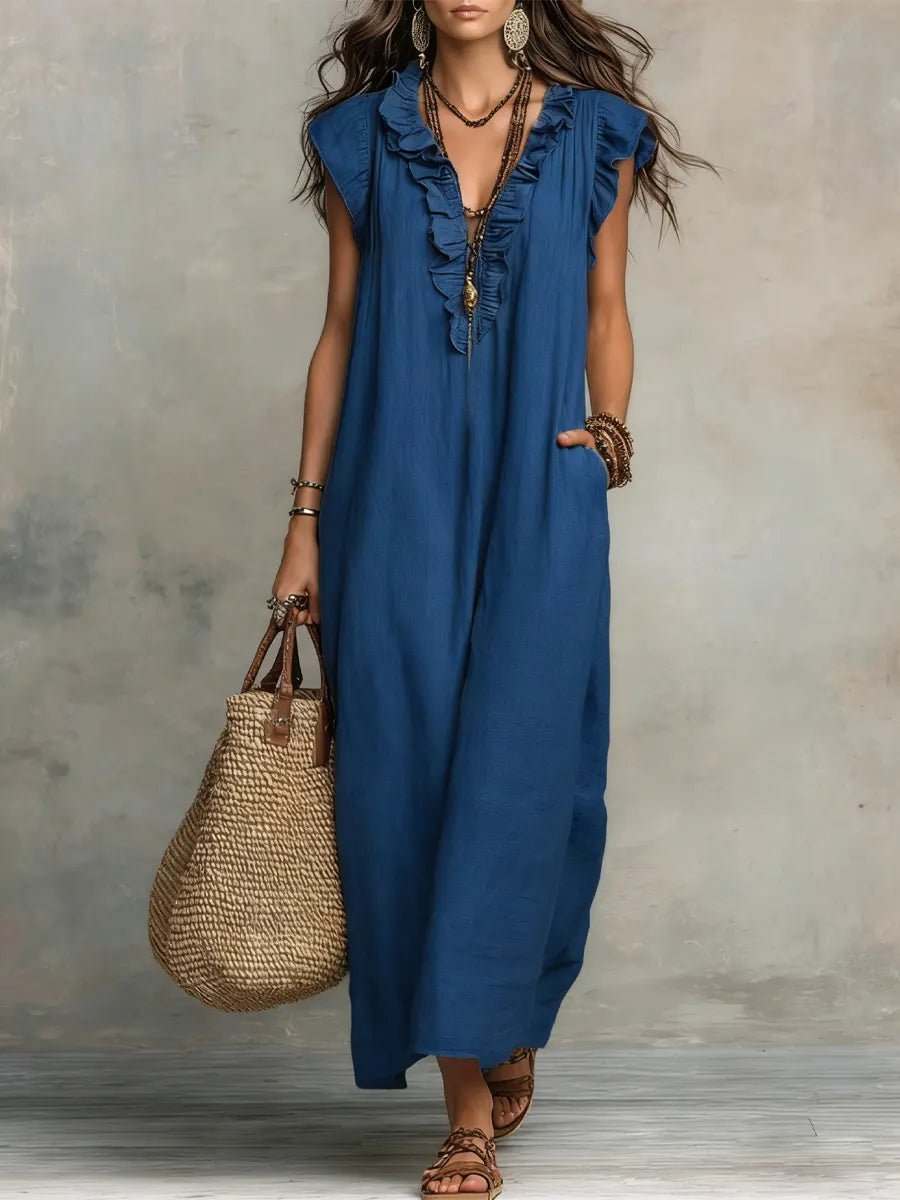 Dames Linnen V-hals Ruffle Maxi-jurk - Blue