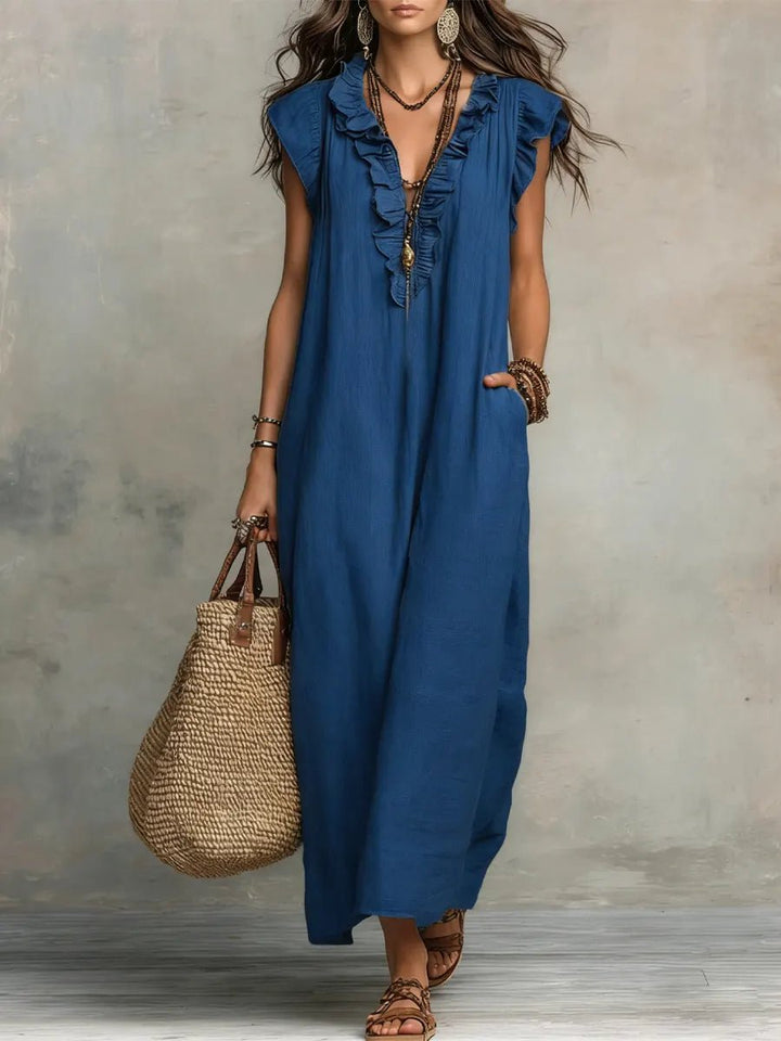 Dames Linnen V-hals Ruffle Maxi-jurk - Blue