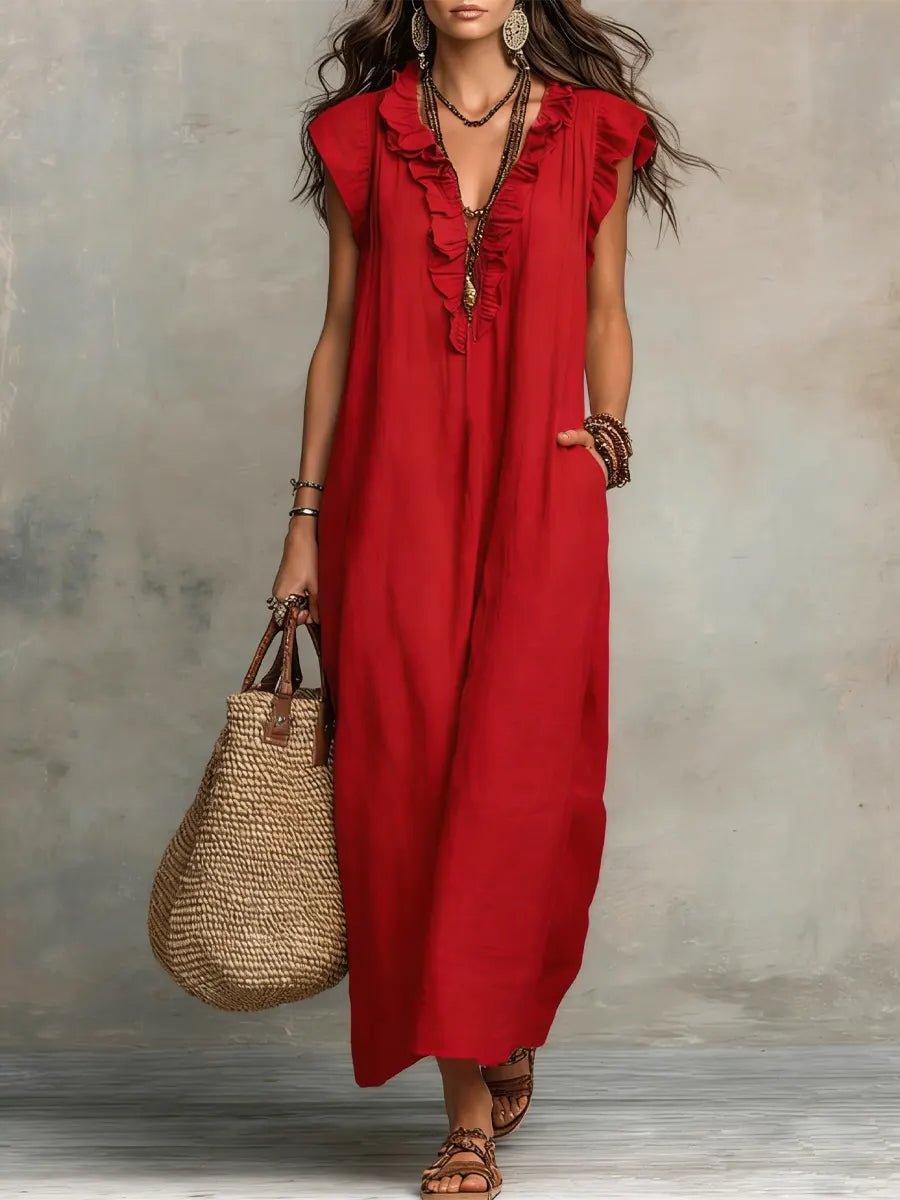 Dames Linnen V-hals Ruffle Maxi-jurk - Red