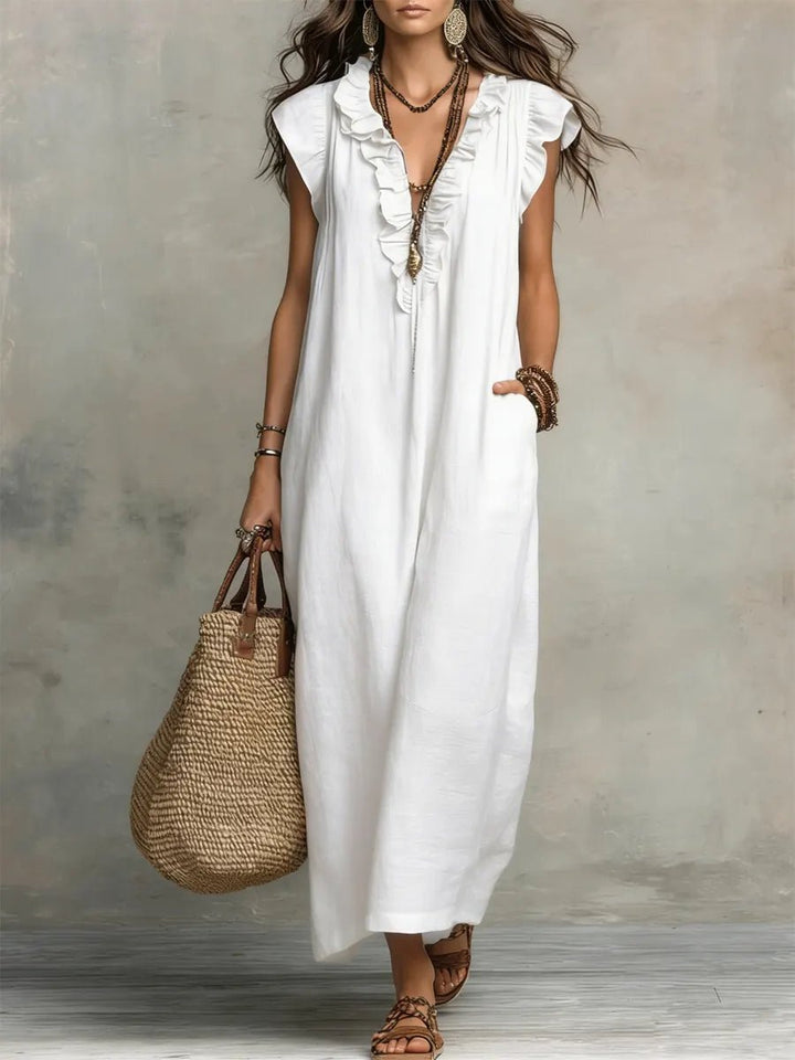 Dames Linnen V-hals Ruffle Maxi-jurk - White