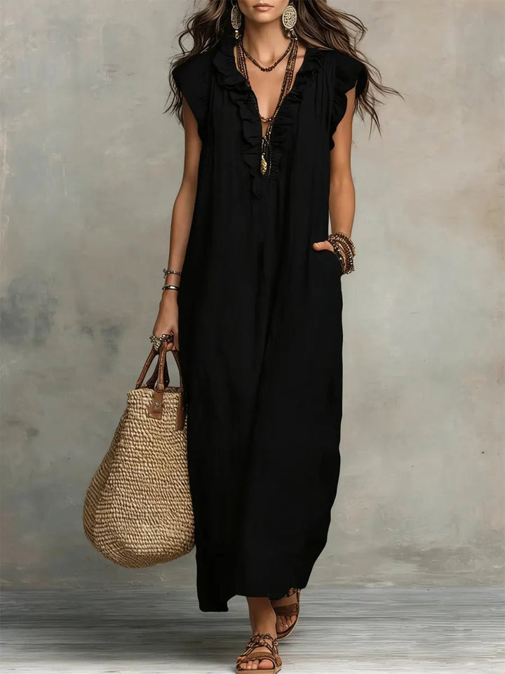 Dames Linnen V-hals Ruffle Maxi-jurk - Black