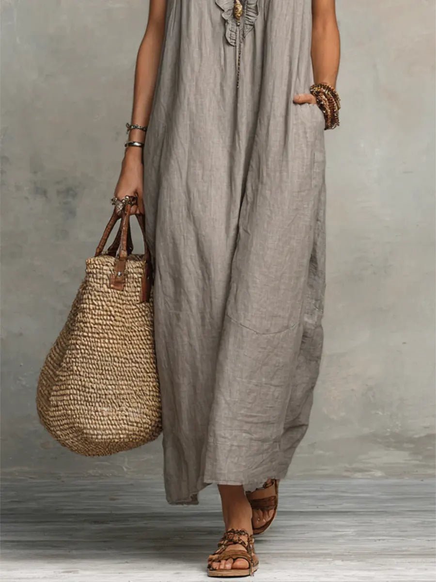 Dames Linnen V-hals Ruffle Maxi-jurk