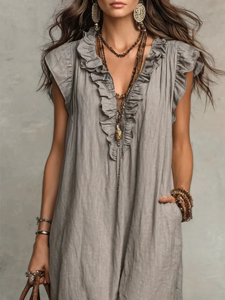 Dames Linnen V-hals Ruffle Maxi-jurk