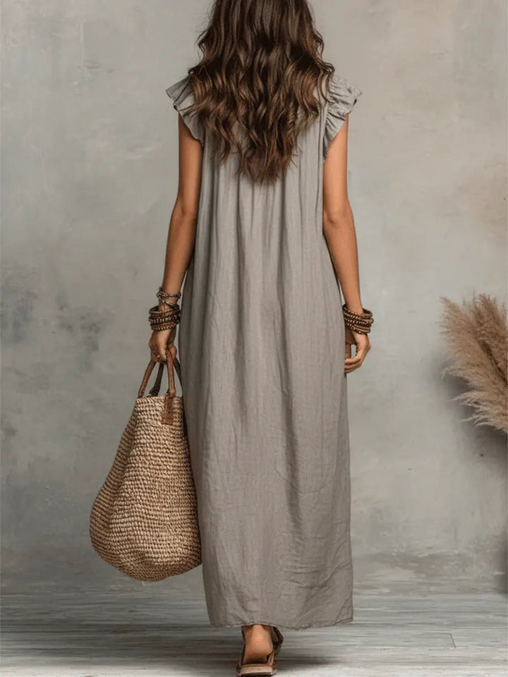 Dames Linnen V-hals Ruffle Maxi-jurk
