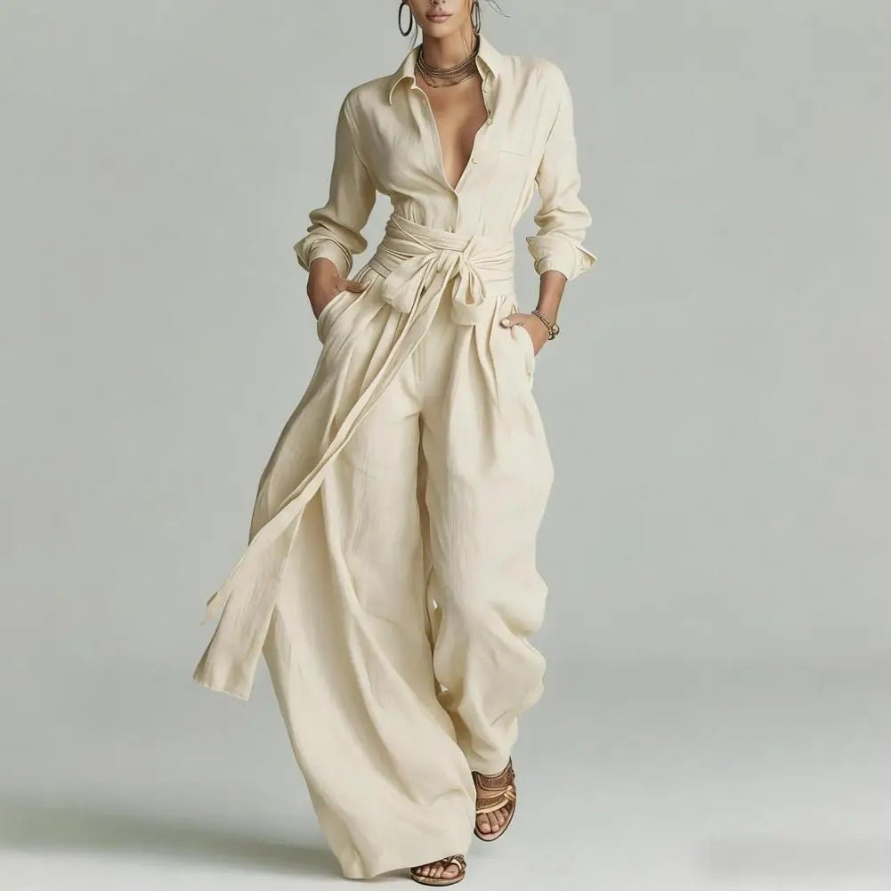 Dames Linnen Wide-Leg Broek Co-ord Set - Apricot