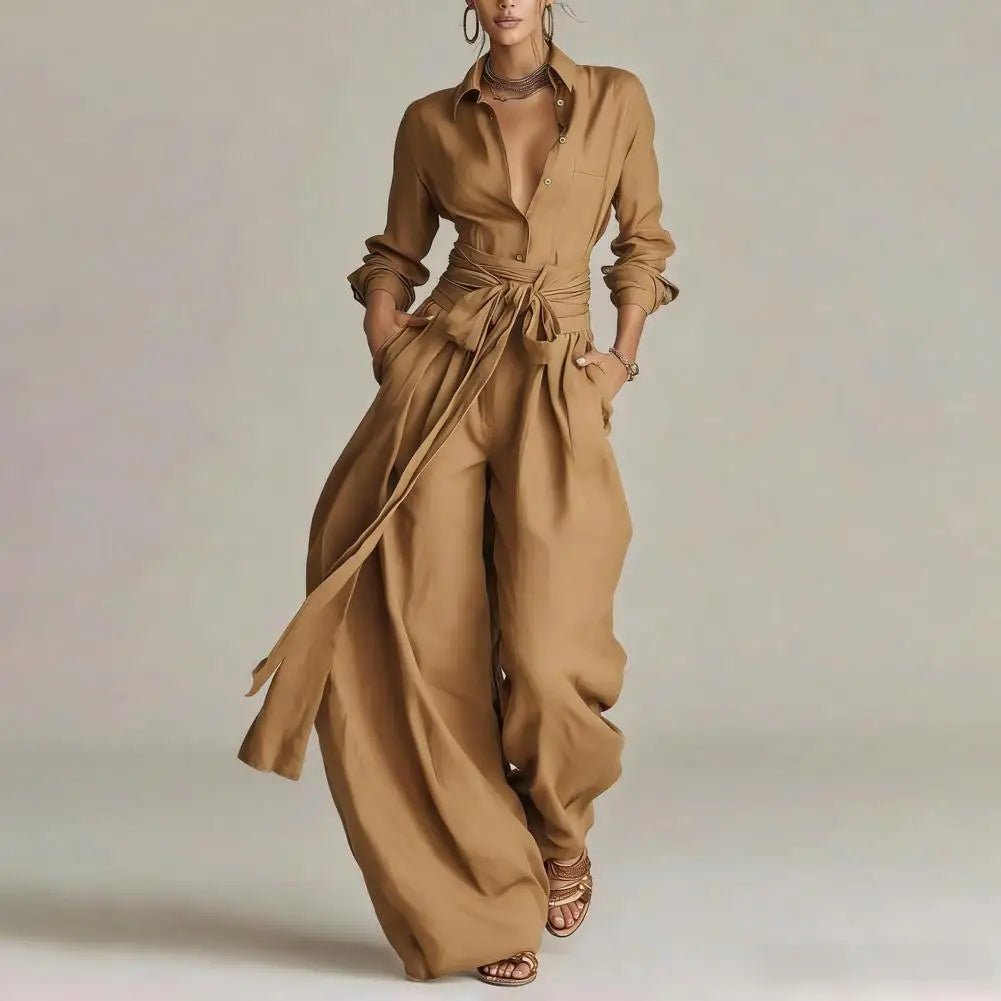 Dames Linnen Wide-Leg Broek Co-ord Set - Khaki