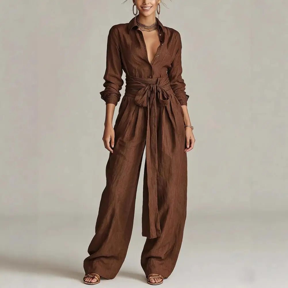 Dames Linnen Wide-Leg Broek Co-ord Set - Coffee