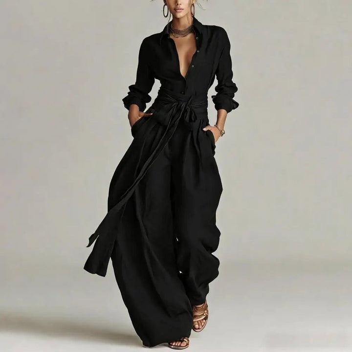 Dames Linnen Wide-Leg Broek Co-ord Set - Black