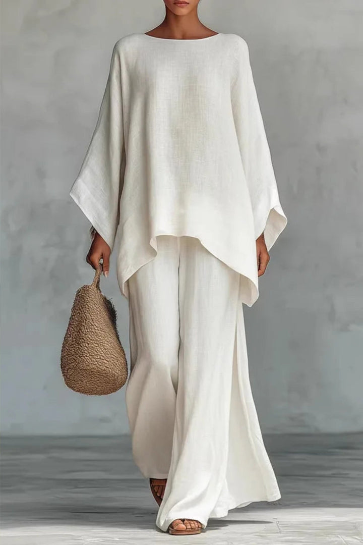 Dames Linnen Wide-Leg Broekpak Vleermouwen Twee-Delig - White