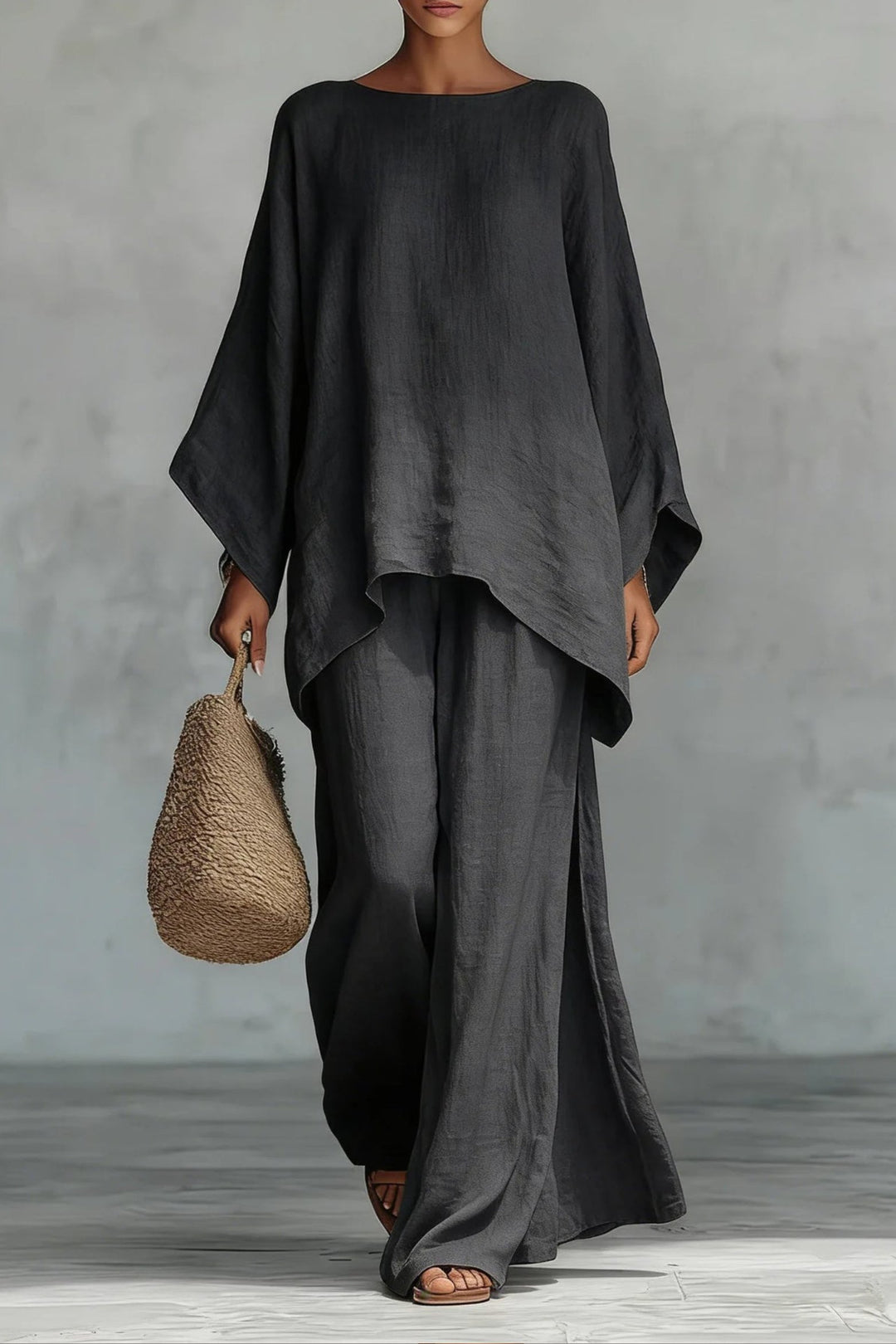 Dames Linnen Wide-Leg Broekpak Vleermouwen Twee-Delig - Dark Grey