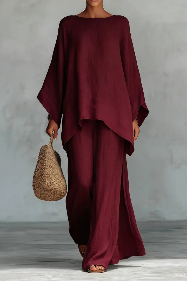 Dames Linnen Wide-Leg Broekpak Vleermouwen Twee-Delig - Burgundy