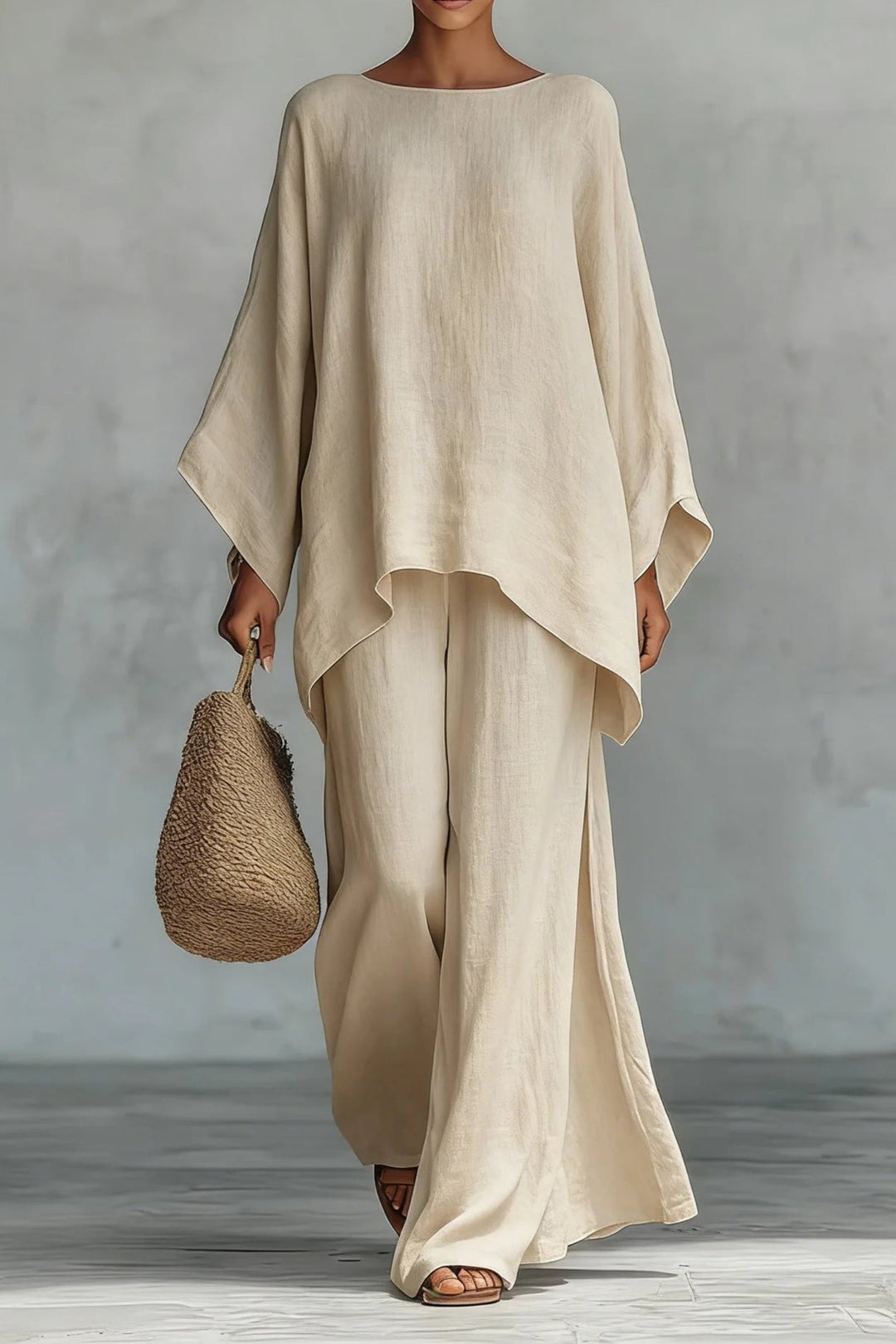 Dames Linnen Wide-Leg Broekpak Vleermouwen Twee-Delig - Khaki