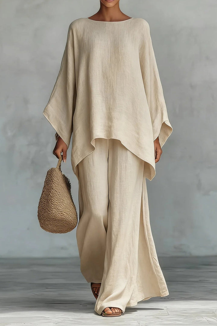 Dames Linnen Wide-Leg Broekpak Vleermouwen Twee-Delig - Khaki