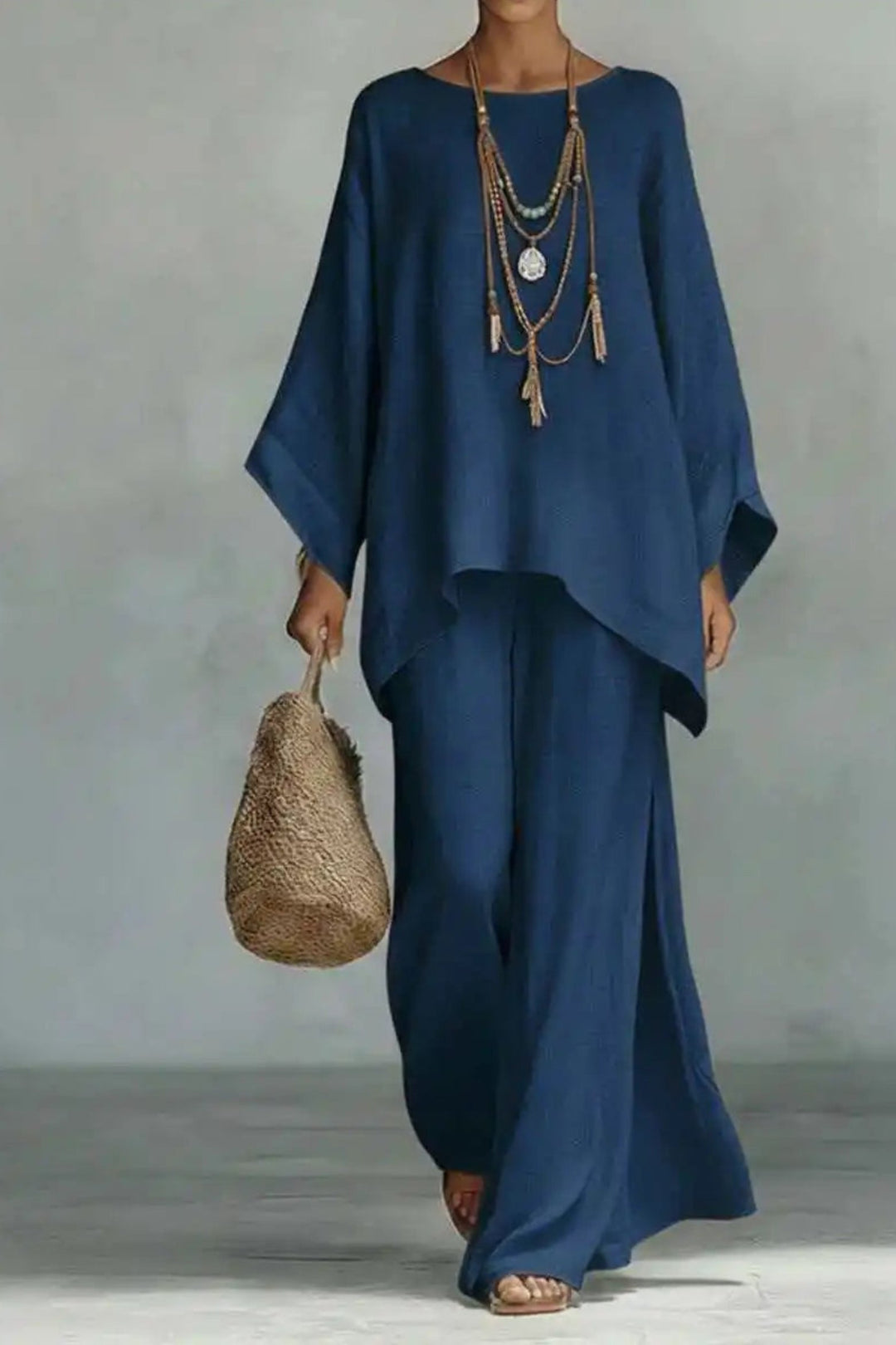 Dames Linnen Wide-Leg Broekpak Vleermouwen Twee-Delig - Navy