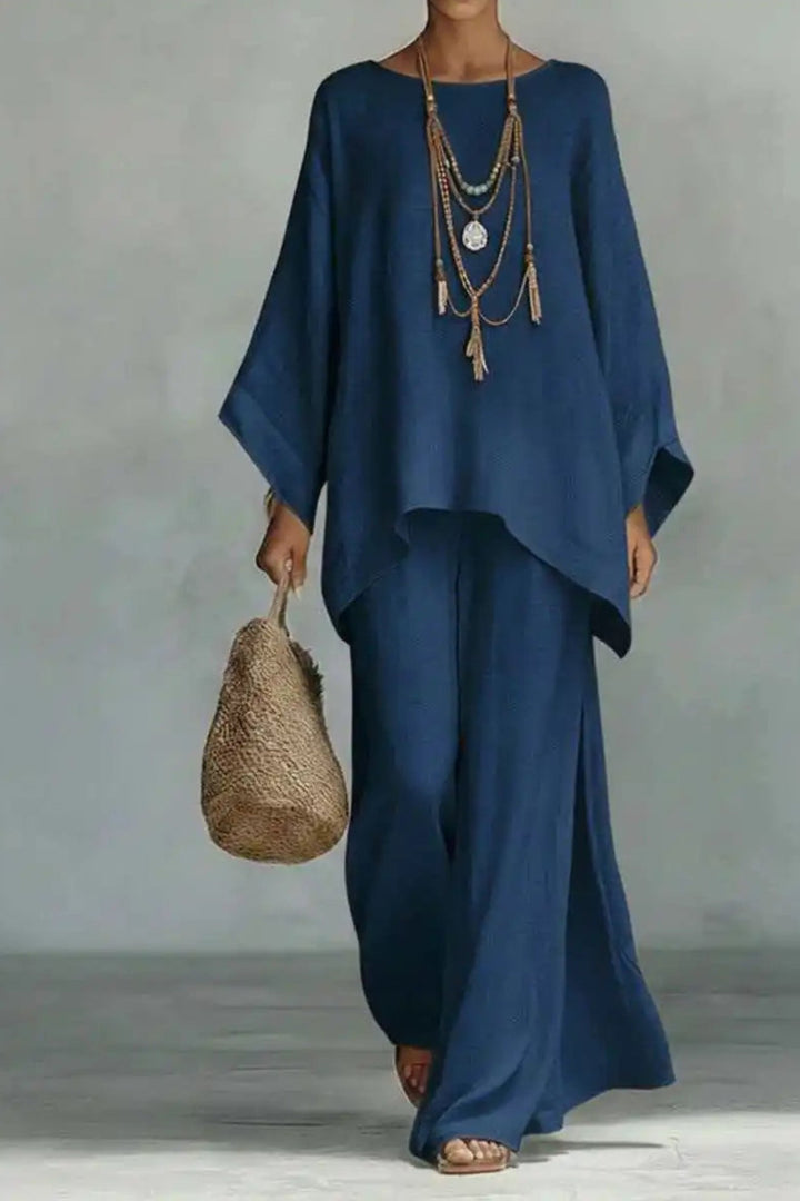 Dames Linnen Wide-Leg Broekpak Vleermouwen Twee-Delig - Navy
