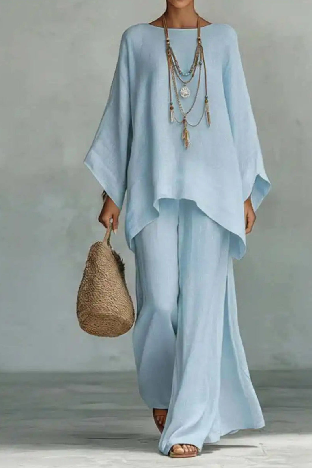 Dames Linnen Wide-Leg Broekpak Vleermouwen Twee-Delig - Light Blue