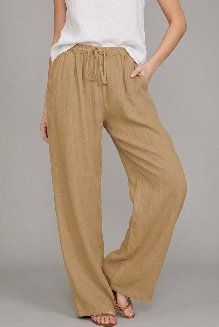 Dames Linnen Wide Leg Pants Elastische Trekkoord Zomerbroek - Khaki
