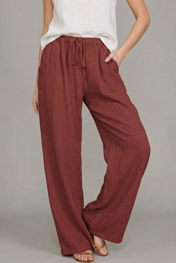 Dames Linnen Wide Leg Pants Elastische Trekkoord Zomerbroek - Wine Red