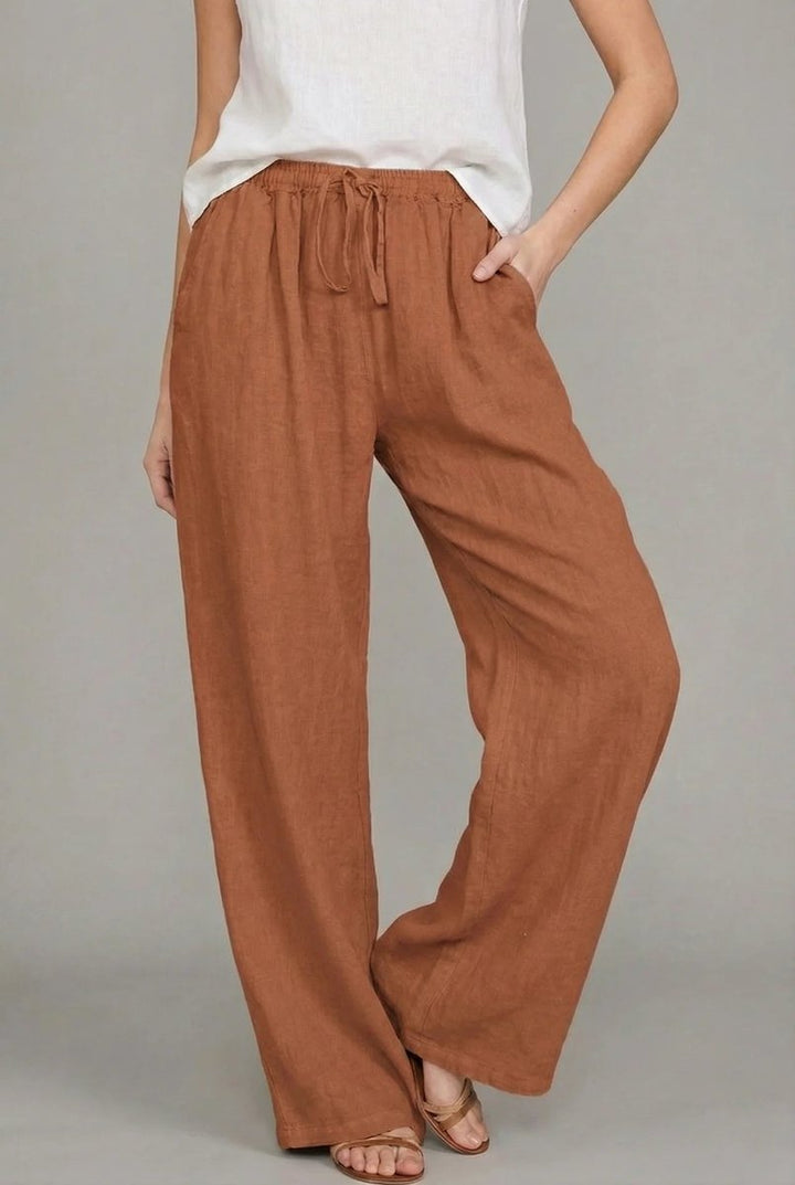 Dames Linnen Wide Leg Pants Elastische Trekkoord Zomerbroek - Orange