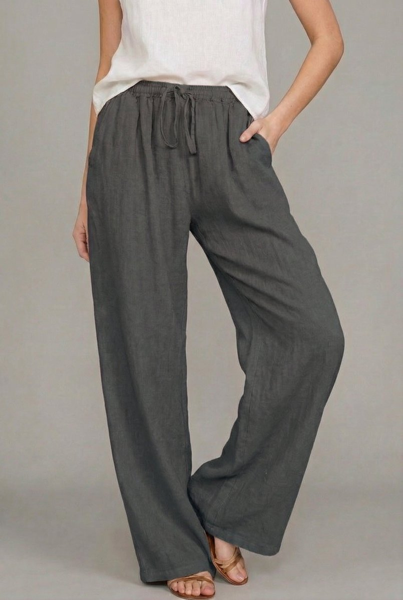Dames Linnen Wide Leg Pants Elastische Trekkoord Zomerbroek - Dark gray