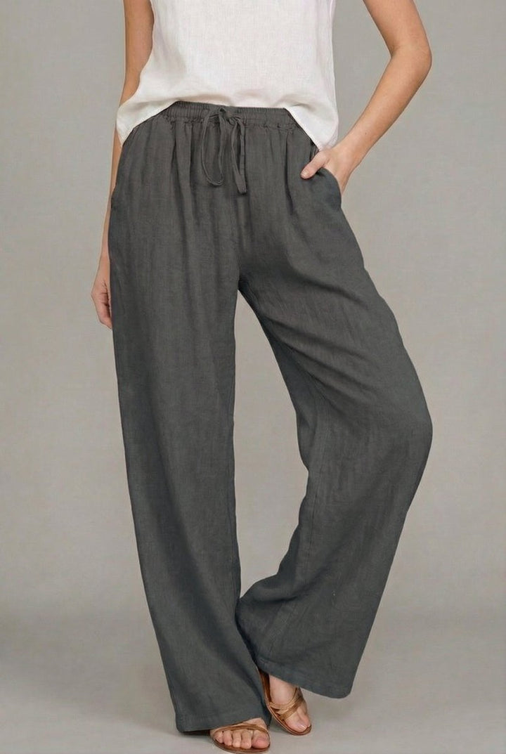 Dames Linnen Wide Leg Pants Elastische Trekkoord Zomerbroek - Dark gray