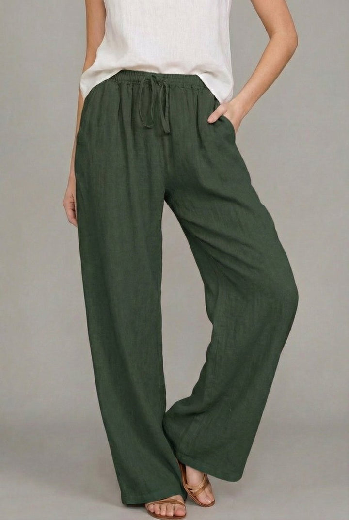 Dames Linnen Wide Leg Pants Elastische Trekkoord Zomerbroek - Green