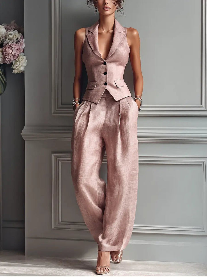 Dames Linnen Wide Leg Pants Gilet Tweedelig Pak Geplooide Broek - Light Pink