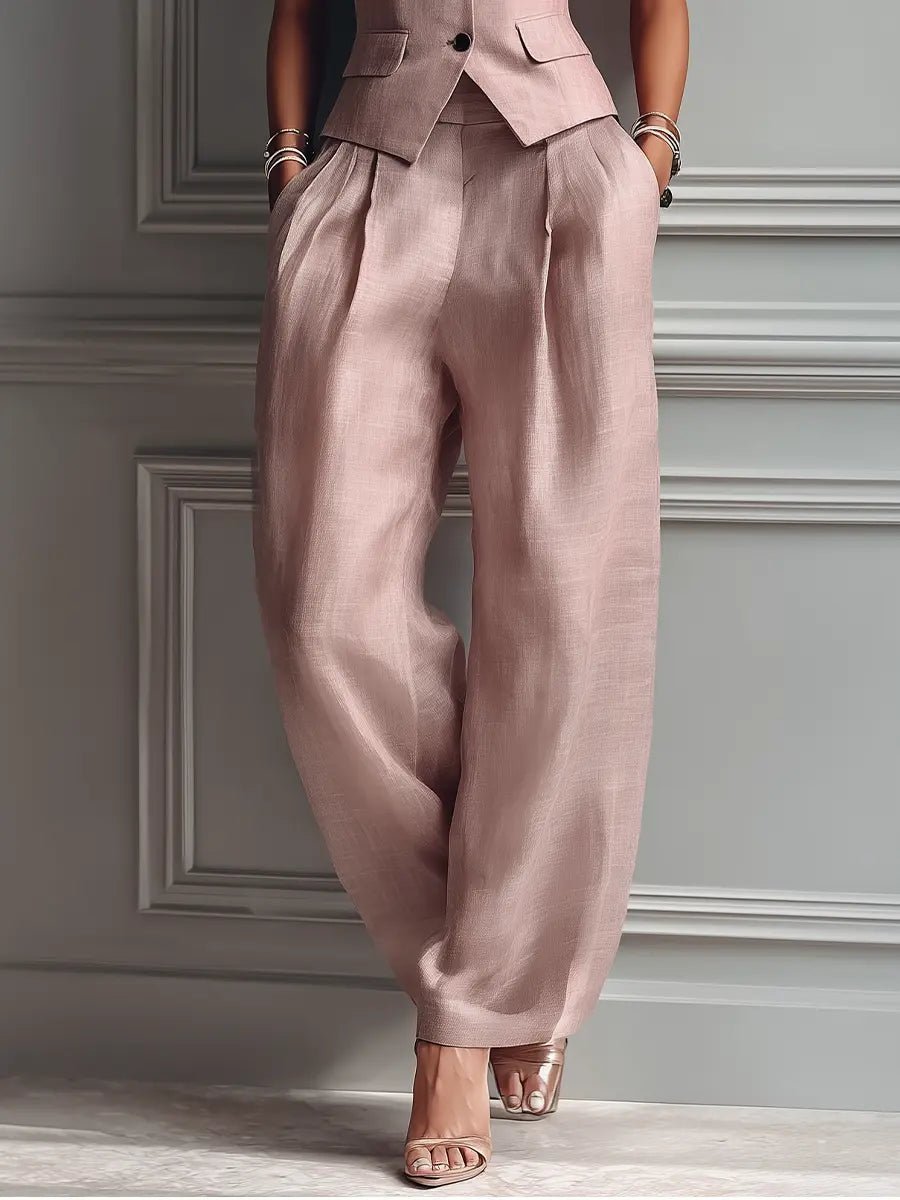 Dames Linnen Wide Leg Pants Gilet Tweedelig Pak Geplooide Broek