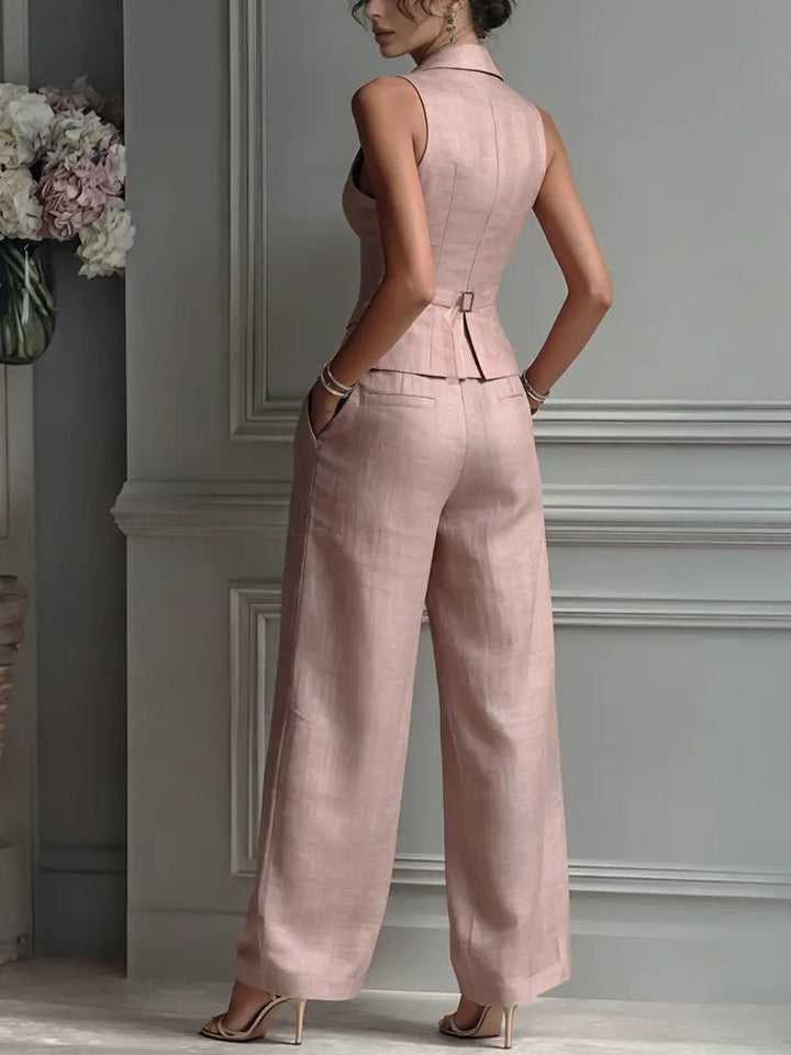 Dames Linnen Wide Leg Pants Gilet Tweedelig Pak Geplooide Broek